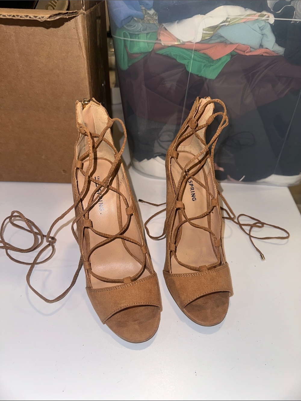 Call It Spring Tan Lace-Up Open Toe Heels